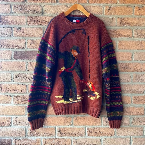 Tommy Hilfiger Sweaters - TOMMY HILFIGER | Brown & blue graphic fisherman 100% wool crew neck sweater
